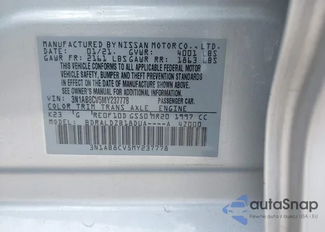 2021 Nissan Sentra Sv Xtronic Cvt из США, поврежденный, VIN 3N1AB8CV5MY237778